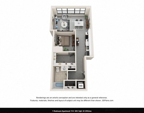 Floor plan for 1 bed, 1 bath, 596 sqft